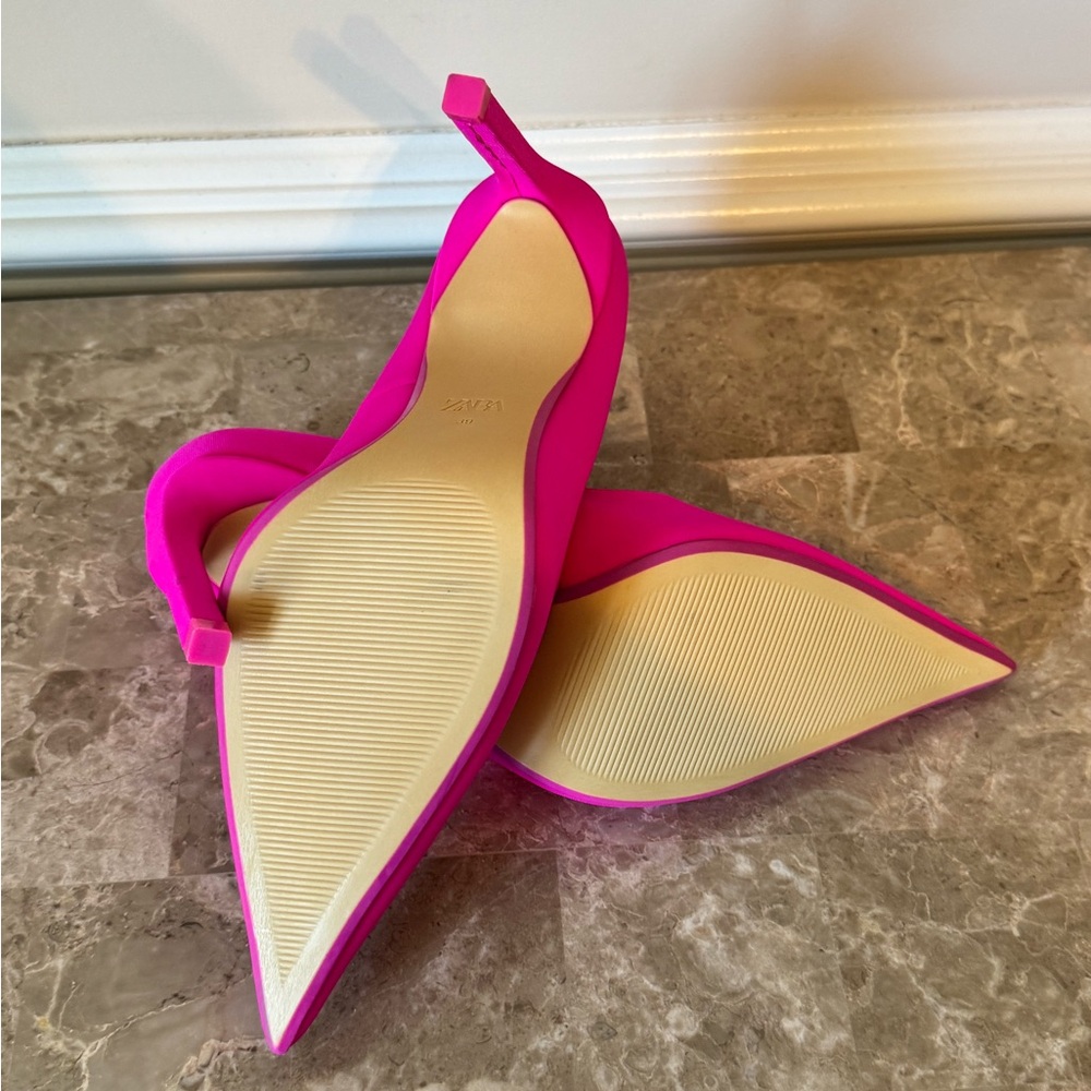 Zara Satin Finish Hot Pink Pointed Toe Heels - Picture 5 of 9